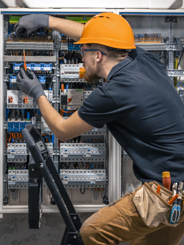 Male electrician working in a switchboard with fuses. Installation and connection of electrical equipment. Professional with tools in hand.
